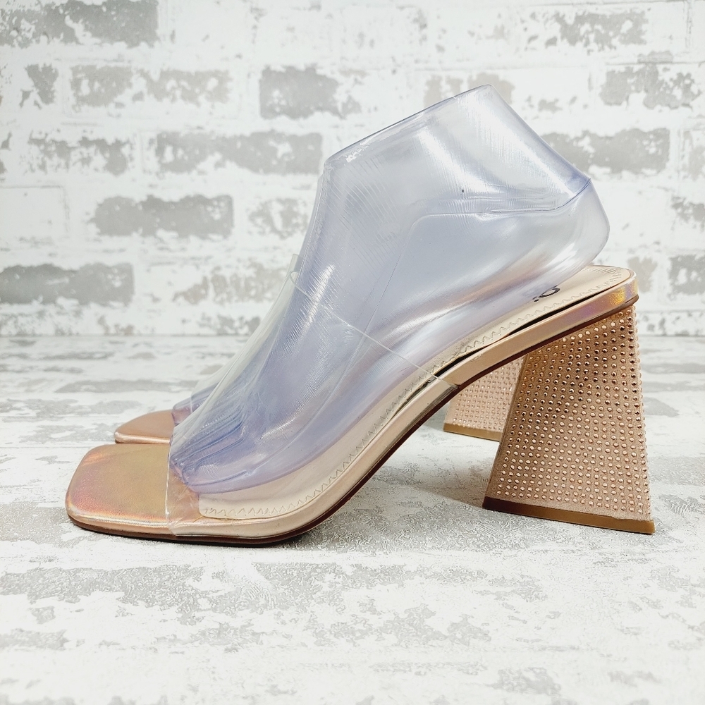 New BP Collins Rose Translucent Strap Rhinestone Triangle Heel Slide Sandal H53